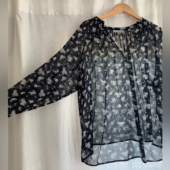 Vince Calico Print Floral Silk Blouse Coastal Navy Sheer - Picture 4 of 10